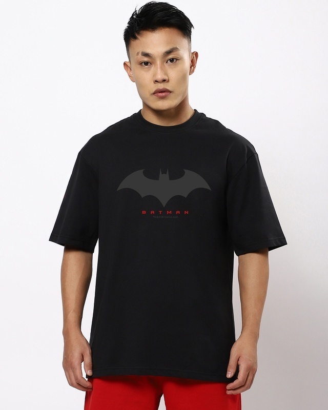 Shop Men's Black Batman Outline Logo Printed Oversized T-shirt-Front