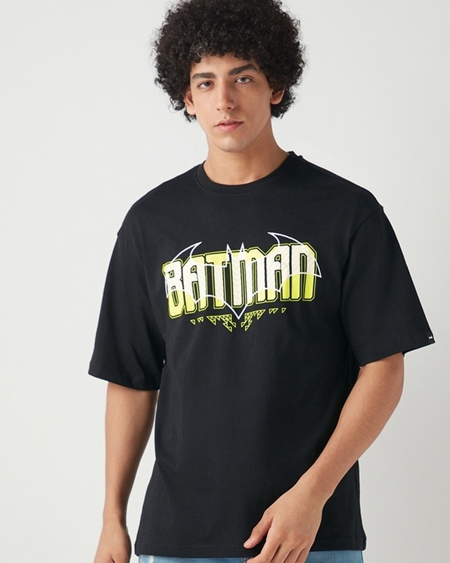 Shop Men's Black Batman Typography Oversized T-shirt-Front