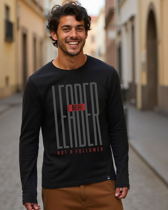 Shop Men's Black Be a Leader Typography T-shirt-Front
