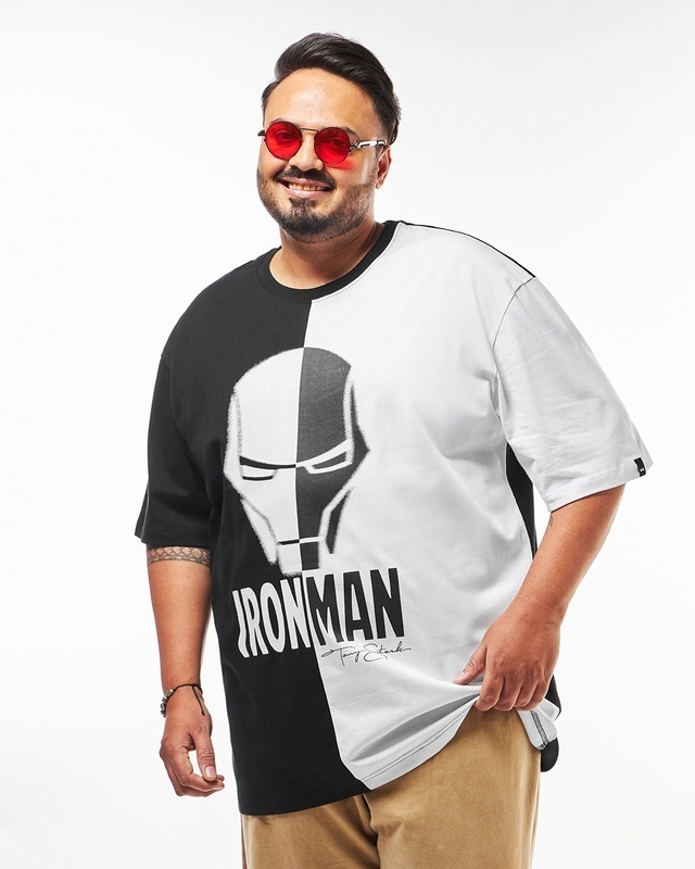 Shop Men's Black & White Iron Man Graphic Printed Oversized Plus Size T-shirt-Front
