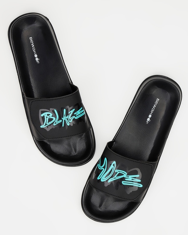 Shop Men's Black Blaze Mode Printed Velcro Sliders-Front