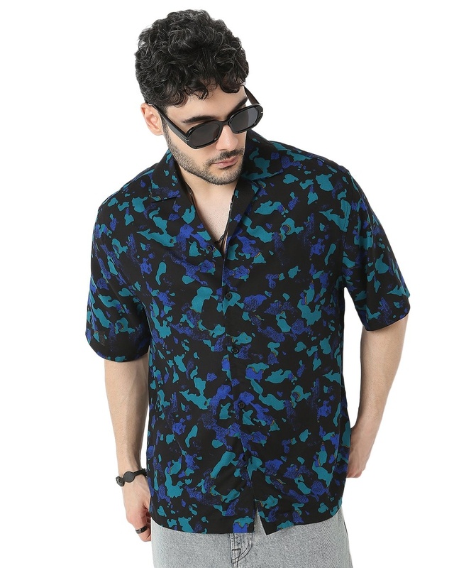 Shop Men's Black & Blue All Over Abstract Printed Relaxed Fit Shirt-Front