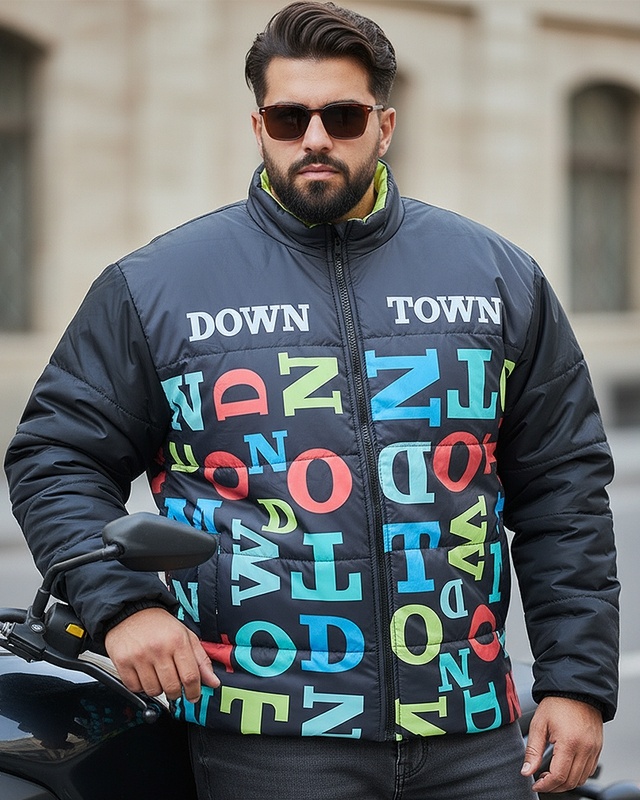 Shop Men's Black & Blue Bate Typography Oversized Plus Size Puffer Jacket-Front