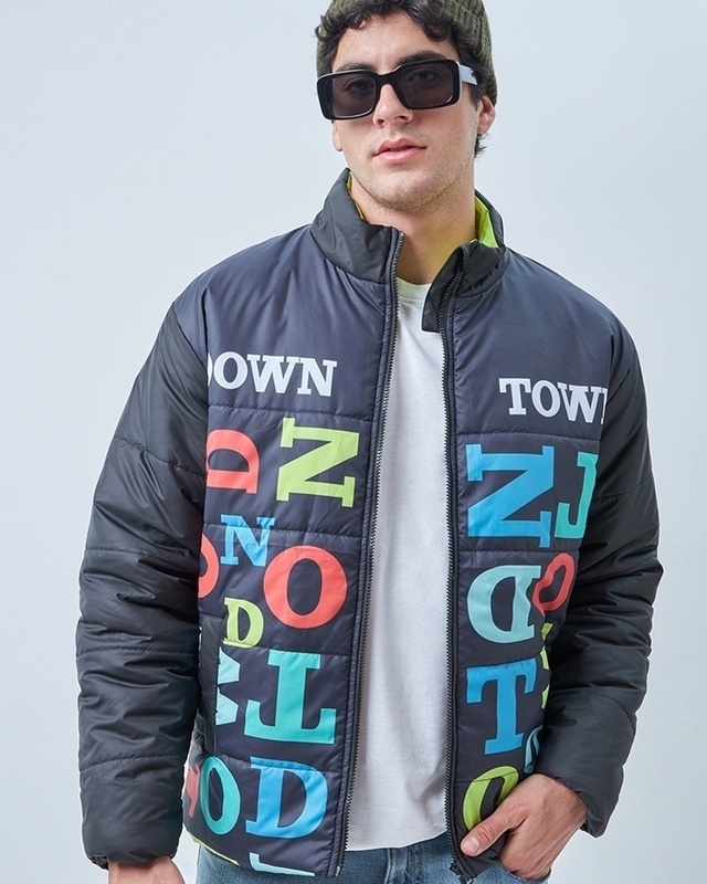 Shop Men's Black & Blue Bate Typography Oversized Puffer Jacket-Front