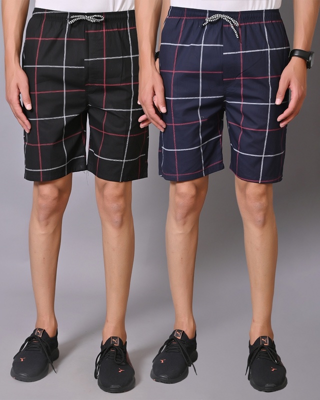 Shop Men's Black & Blue Checked Shorts (Pack of 2)-Front