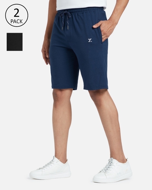 Shop Pack of 2 Men's Black & Blue Shorts-Front