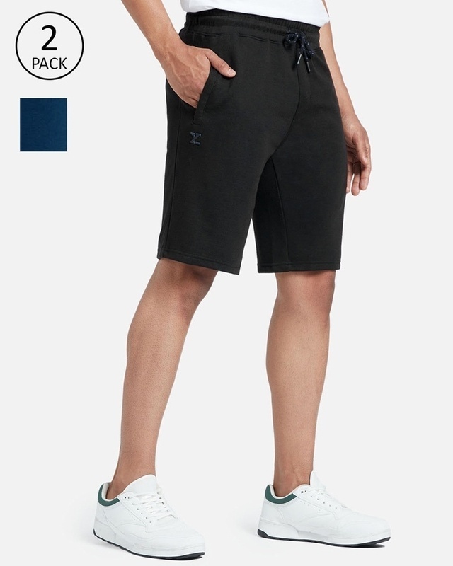 Shop Pack of 2 Men's Black & Blue Regular Fit Shorts-Front