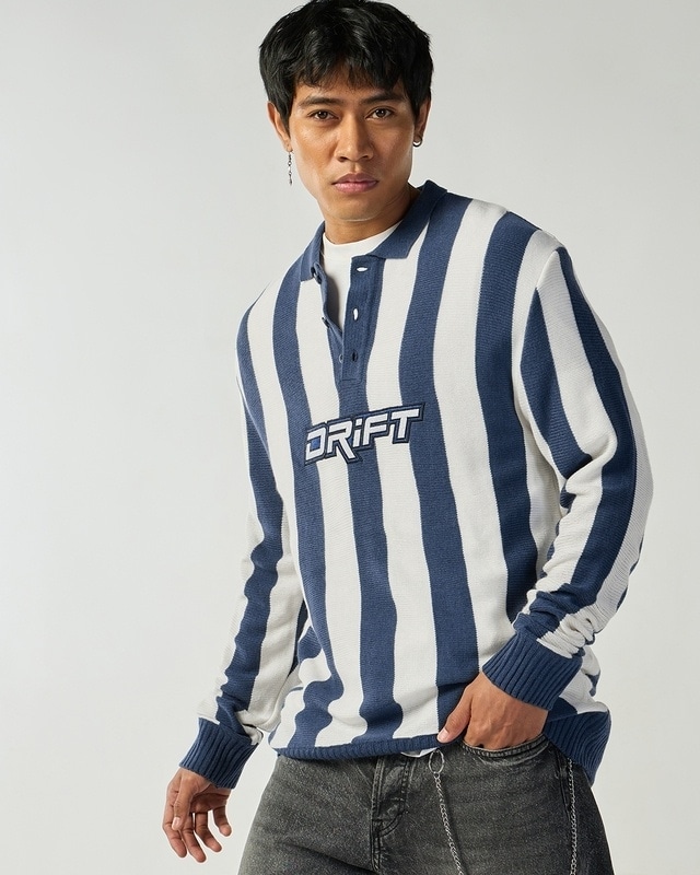 Shop Men's White & Blue Striped Oversized Sweater-Front