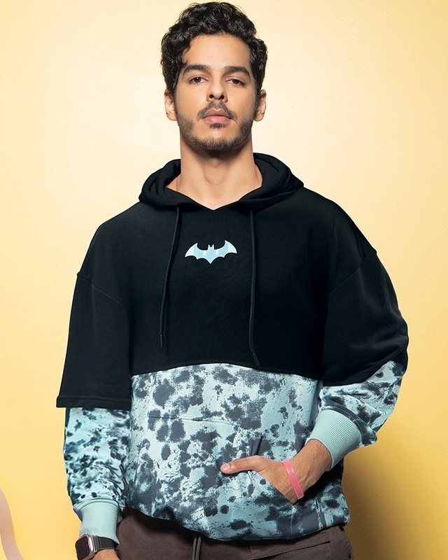 Shop Men's Black & Blue Wayne Color Block Oversized Hoodies-Front