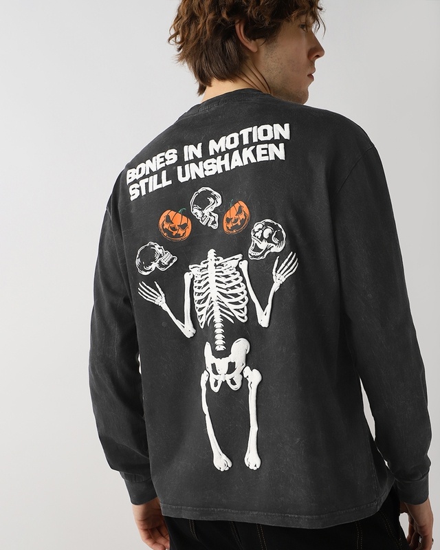 Shop Men's Black Bones in Motion Still Unshaken Graphic Printed Oversized Acid Wash T-shirt-Front