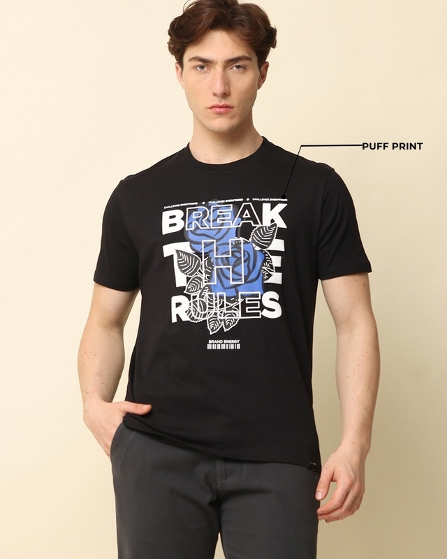 Shop Men's Black Break The Rules Puff Printed T-Shirt-Front