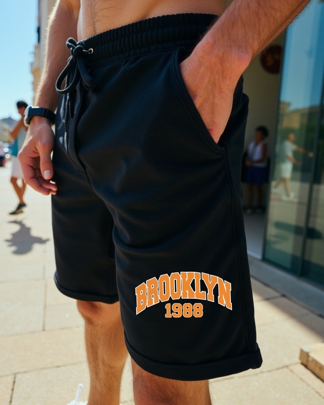 Men's Black Brooklyn Typography Loose Comfort Fit Shorts