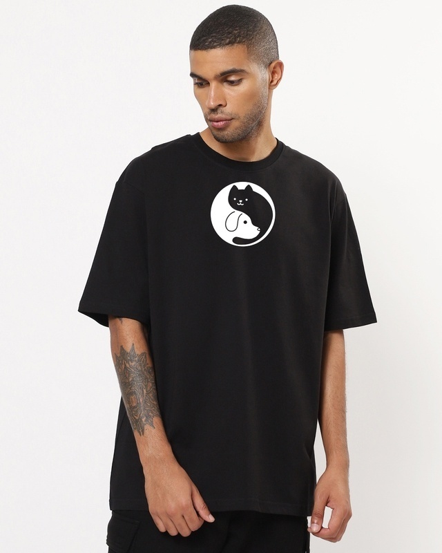 Shop Men's Black Cat and Dog Graphic Printed Oversized T-shirt-Front