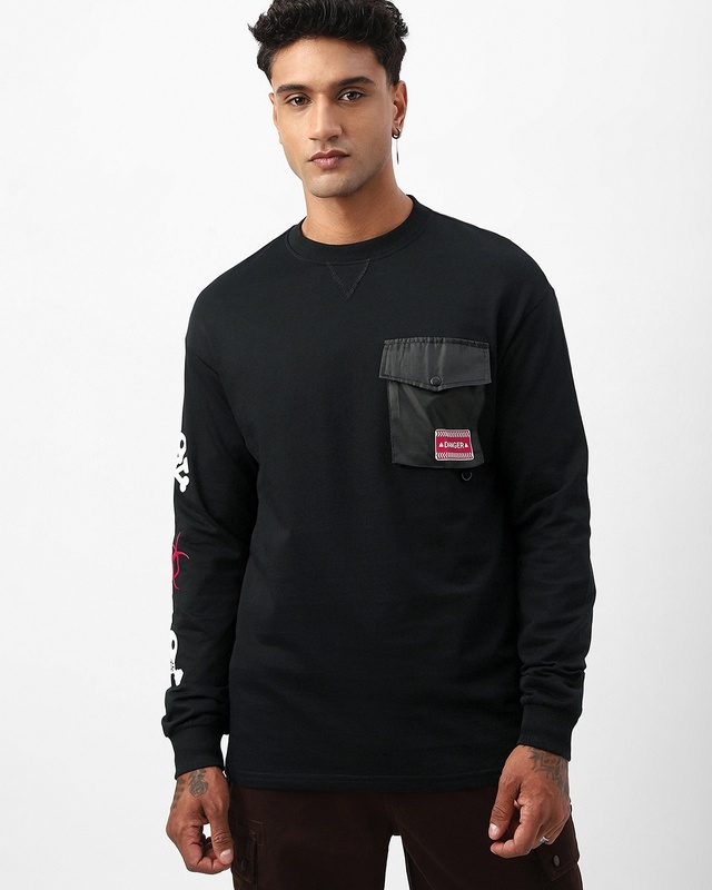 Shop Men's Black Caution Graphic Printed Oversized T-shirt-Front