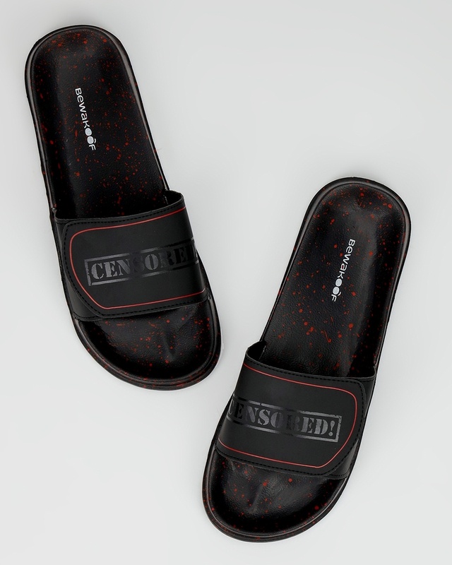 Shop Men's Black Censored Printed Velcro Sliders-Front