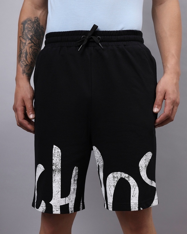 Shop Men's Black Chaos Typography Oversized Shorts-Front