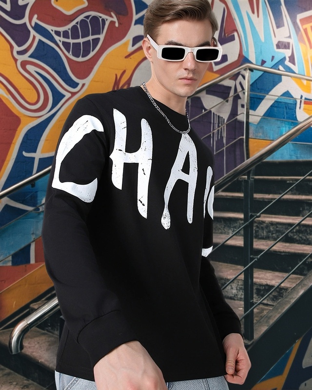 Shop Men's Black Chaos Typography Oversized T-shirt-Front