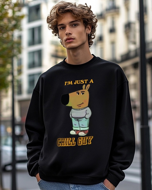 Shop Men's Black Chill Guy Graphic Printed Oversized Sweatshirt-Front