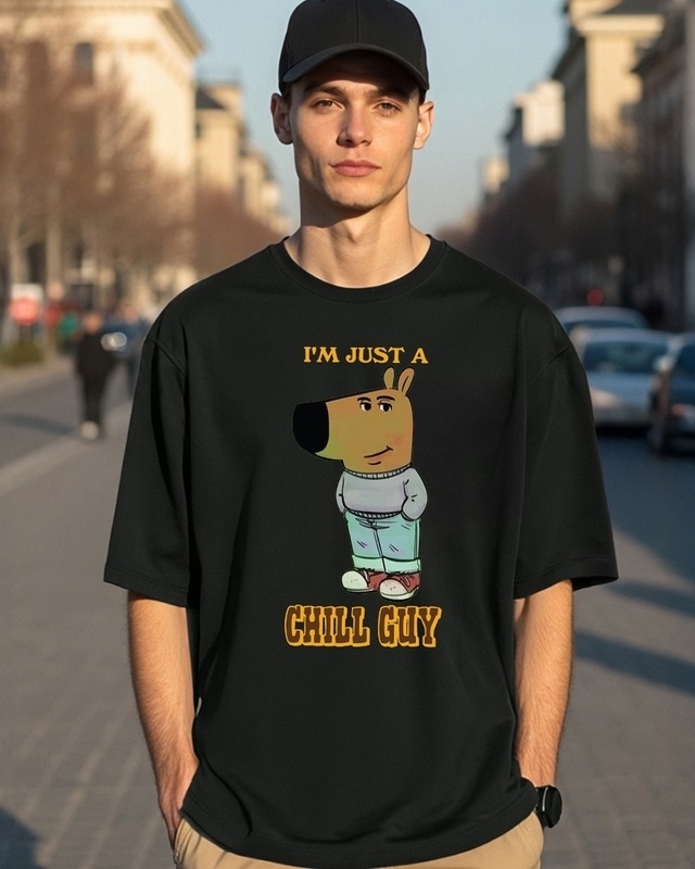 Shop Men's Black Chill Guy Graphic Printed Oversized T-shirt-Front