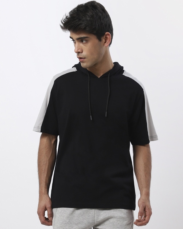 Shop Men's Black Color Block Hoodie T-shirt-Front