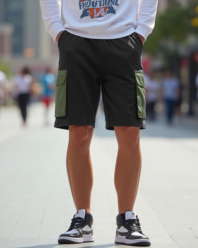 Shop Men's Black Color Block Oversized Cargo Shorts-Front