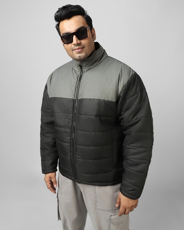 Shop Men's Black & Grey Color Block Oversized Plus Size Jacket-Front