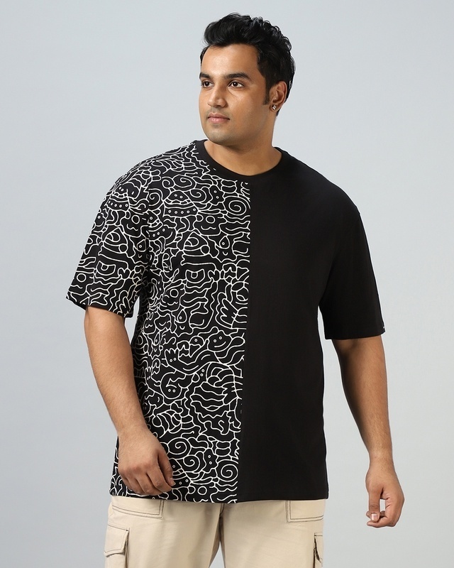 Shop Men's Black Color Block Oversized Plus Size T-shirt-Front