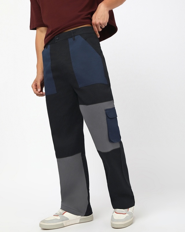 Shop Men's Black Color Block Straight Fit Cargo Pants-Front