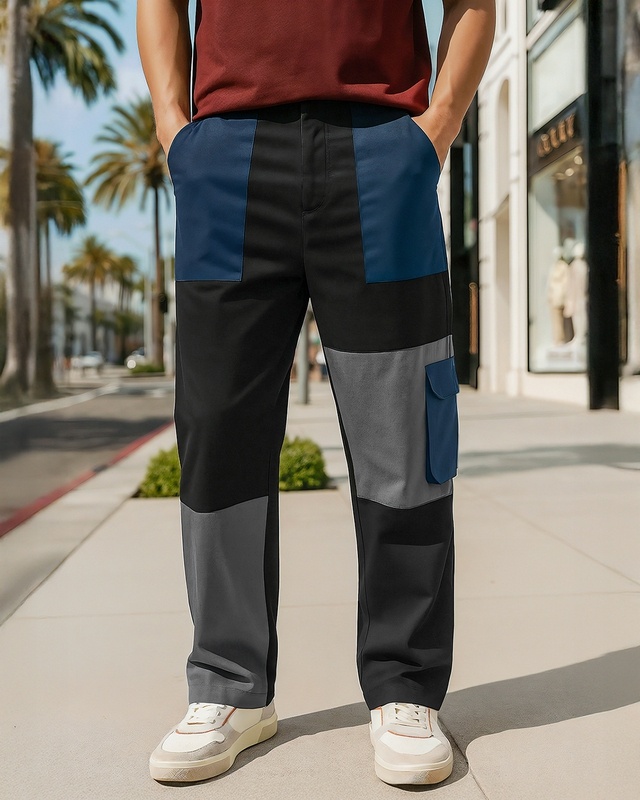 Shop Men's Black Color Block Straight Fit Cargo Pants-Front