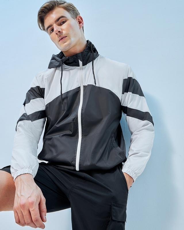 Shop Men's Black & White Color Block Windcheater Jacket-Front