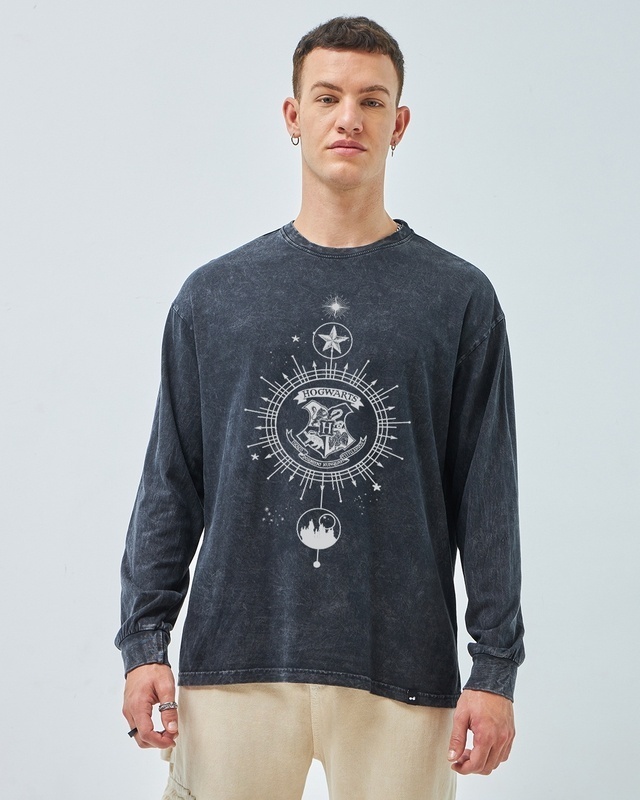 Shop Men's Black Crestmark Graphic Printed Oversized T-shirt-Front