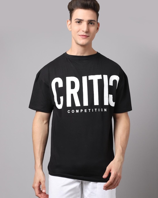 Shop Men's Black Critic Typography Oversized T-shirt-Front