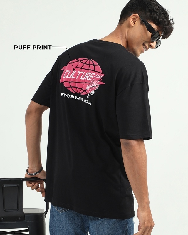 Shop Men's Black Culture Jam Puff Printed Oversized T-Shirt-Front