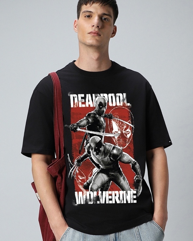 Shop Men's Black Deadpool Duo Graphic Printed Oversized T-shirt-Front