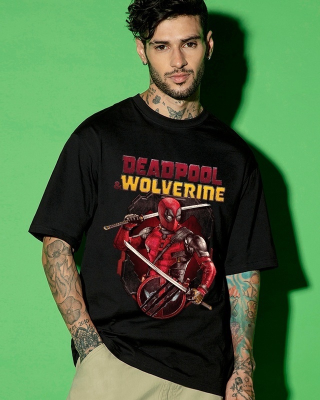 Shop Men's Black Deadpool Graphic Printed Oversized T-shirt-Front
