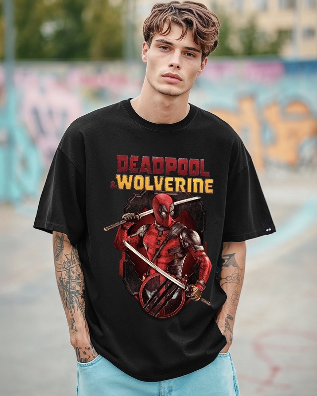 Shop Men's Black Deadpool Graphic Printed Oversized T-shirt-Front