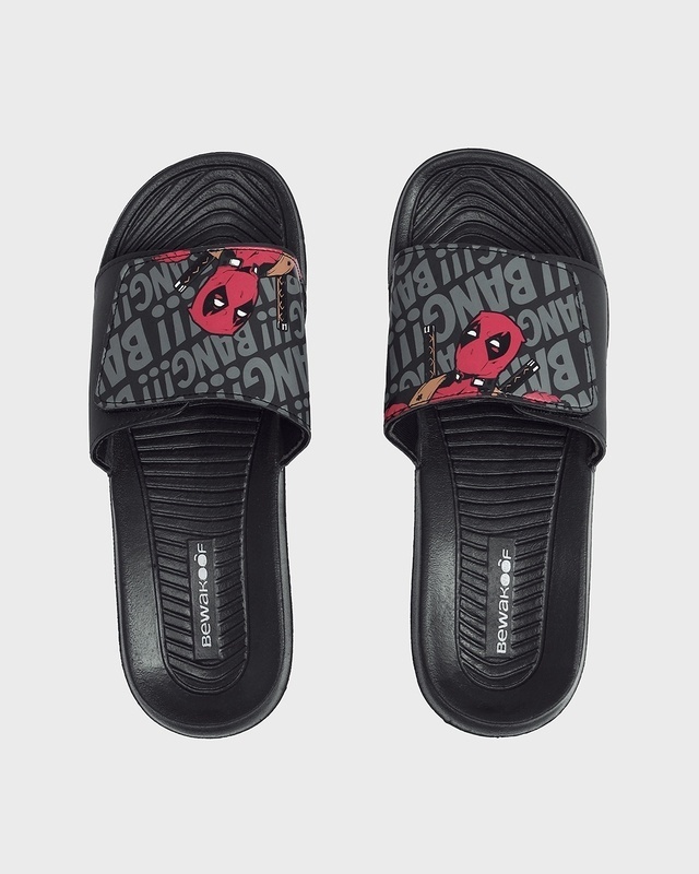 Shop Men's Black Deadpool Printed Velcro Sliders-Front