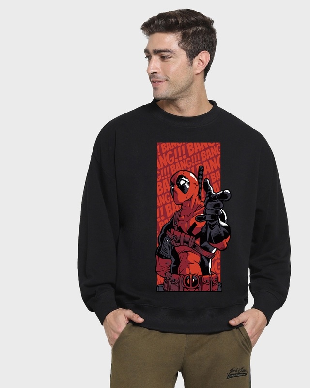 Shop Men's Black Deadpool Reloaded Graphic Printed Oversized Sweatshirt-Front