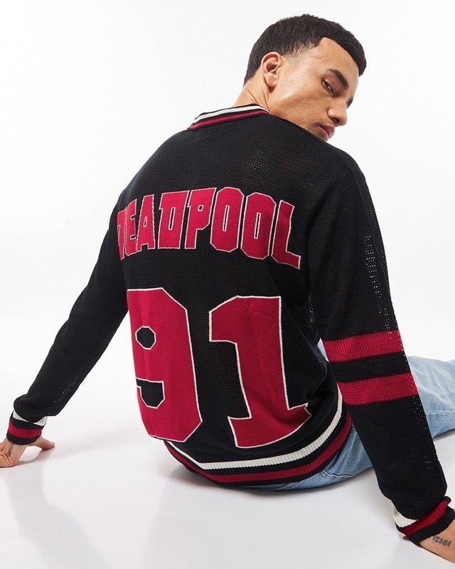 Shop Men's Black Deadpool Typography Oversized Sweater-Front