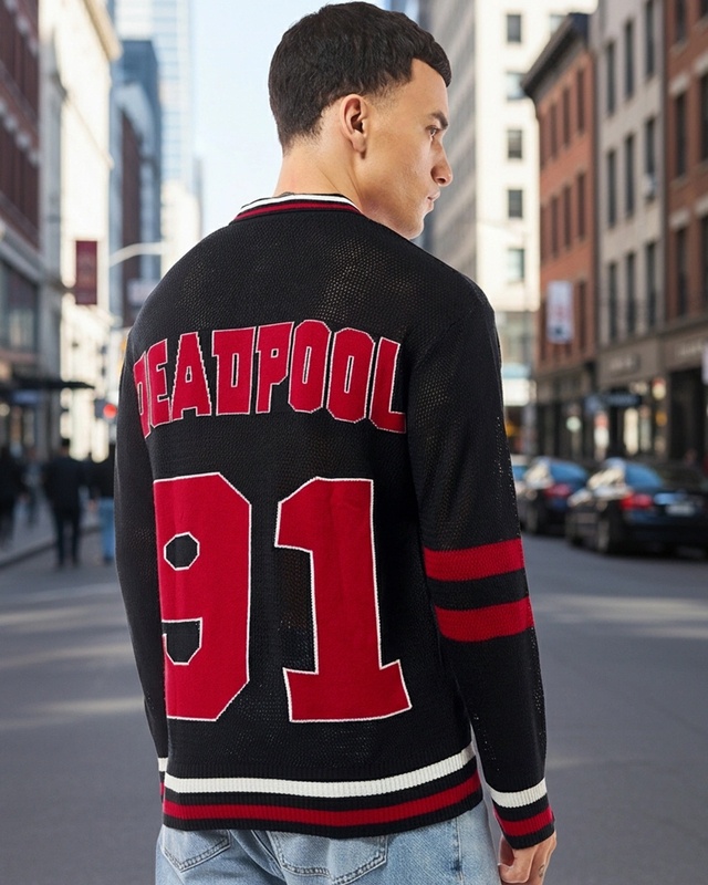 Shop Men's Black Deadpool Typography Oversized Sweater-Front