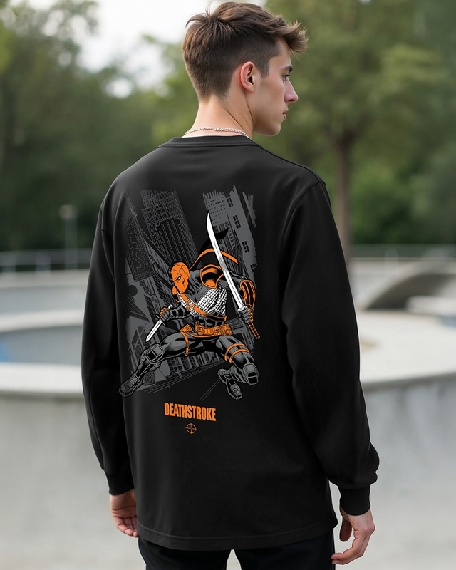 Shop Men's Black Deathstroke Graphic Printed Oversized T-shirt-Front