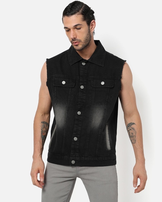 Shop Men's Black Denim Washed Jacket-Front