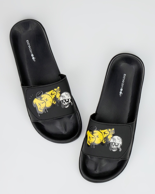 Shop Men's Black Dope Printed Velcro Sliders-Front