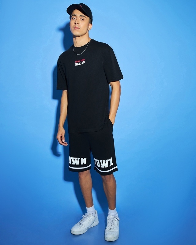 Shop Men's Black Down Town Typography Oversized Co-ord Set-Front