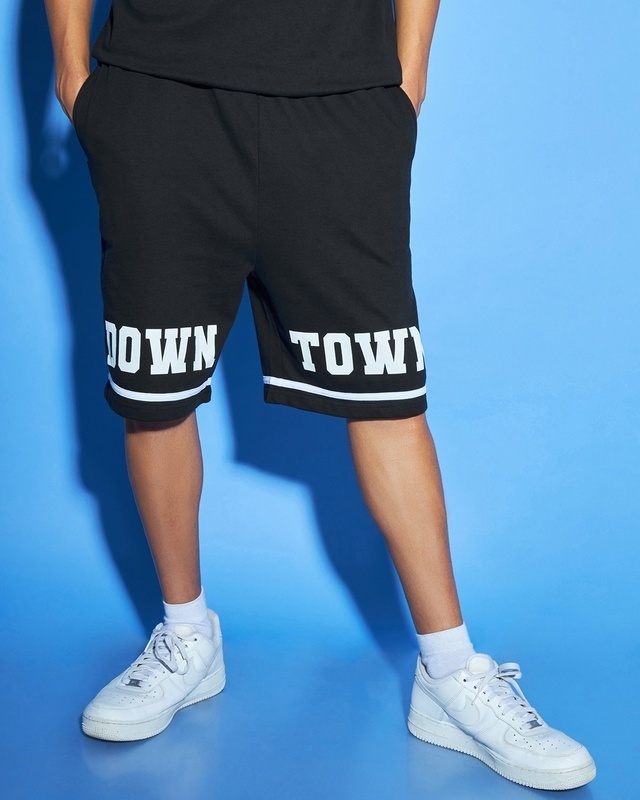 Shop Men's Black Down Town Typography Oversized Shorts-Front