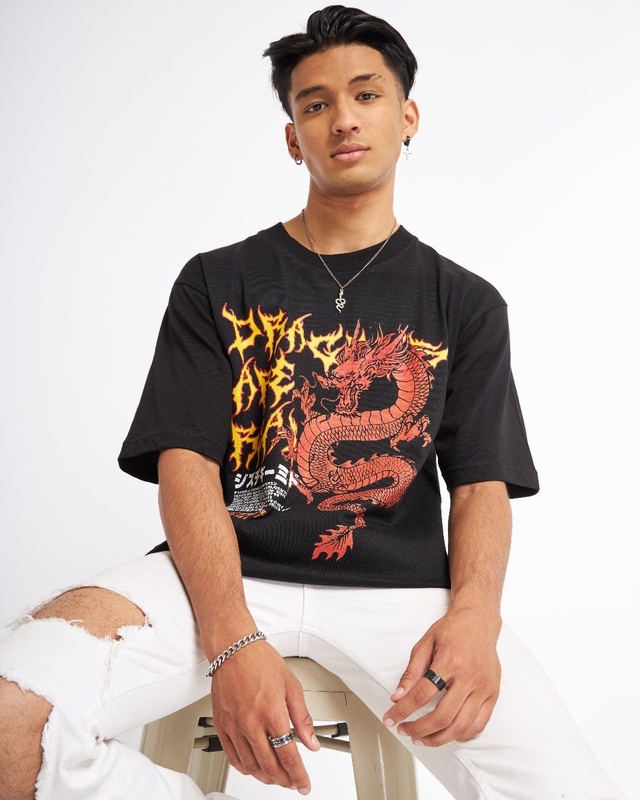 TEES TRIBE Pure Cotton Half Sleeve Back Printed Oversized,Drop  Shoulder,Loose, Baggy Fit t-Shirts Cool & Stylish for Men's & Boys  (Black)(2XL) Bulls