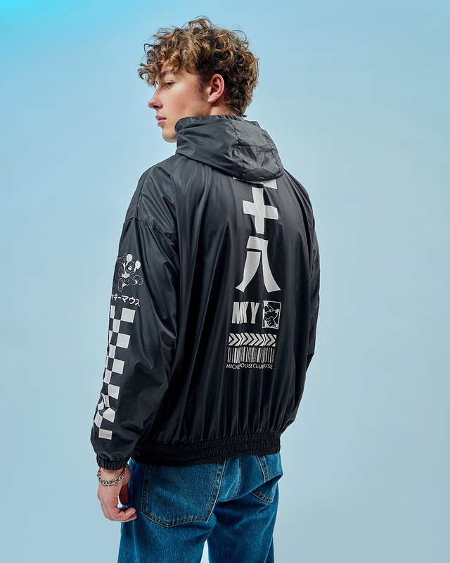 Shop Men's Black Drop Graphic Printed Super Loose Windcheater Jacket-Front