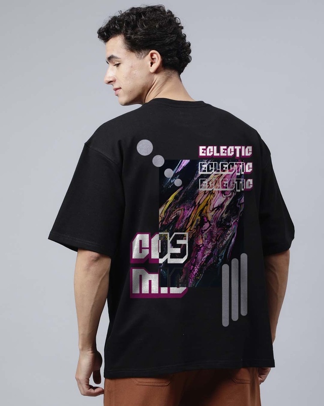 Shop Men's Black Eclectic Cosmic Reflective Printed Oversized T-shirt-Front
