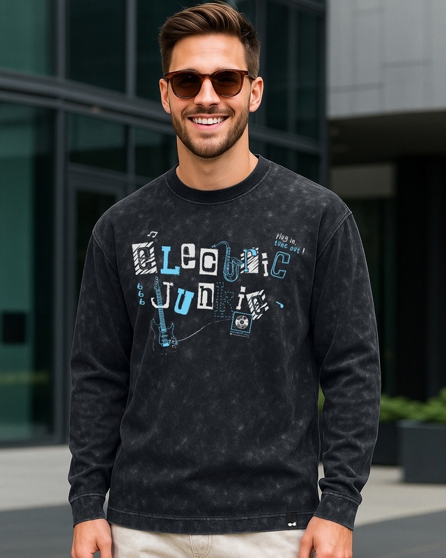 Shop Men's Black Electric Junkie Graphic Printed Oversized Acid Wash T-shirt-Front