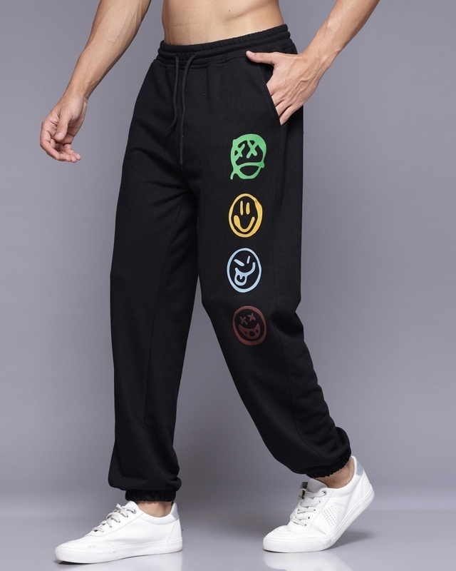 Shop Men's Black Emoji Printed Relaxed Fit Joggers-Front